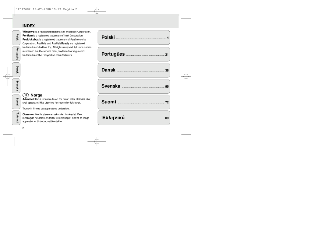 Philips SA 126 Index, Trademarks of their respective manufacturers, Typeskilt finnes på apparatens underside, Έλληνικά 