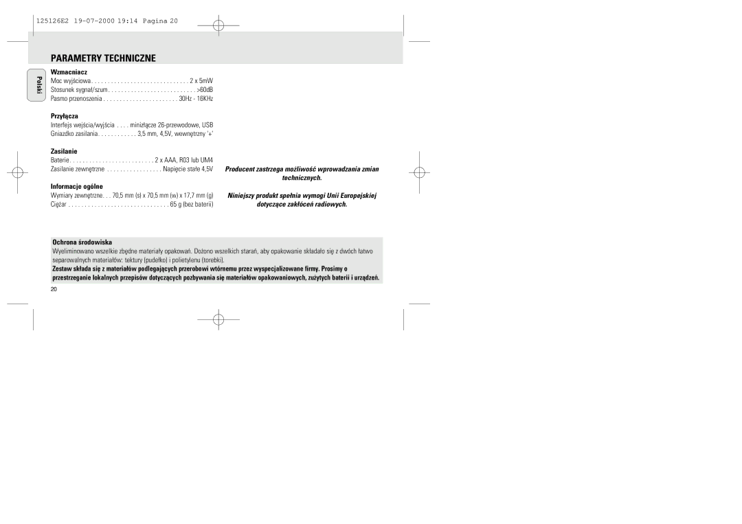 Philips SA 126, SA 125 manual Wzmacniacz, Przy¬åcza, Zasilanie, Informacje ogólne, Ochrona œrodowiska 