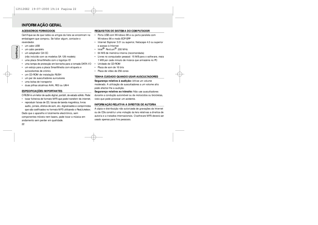 Philips SA 126, SA 125 manual Informação Geral 