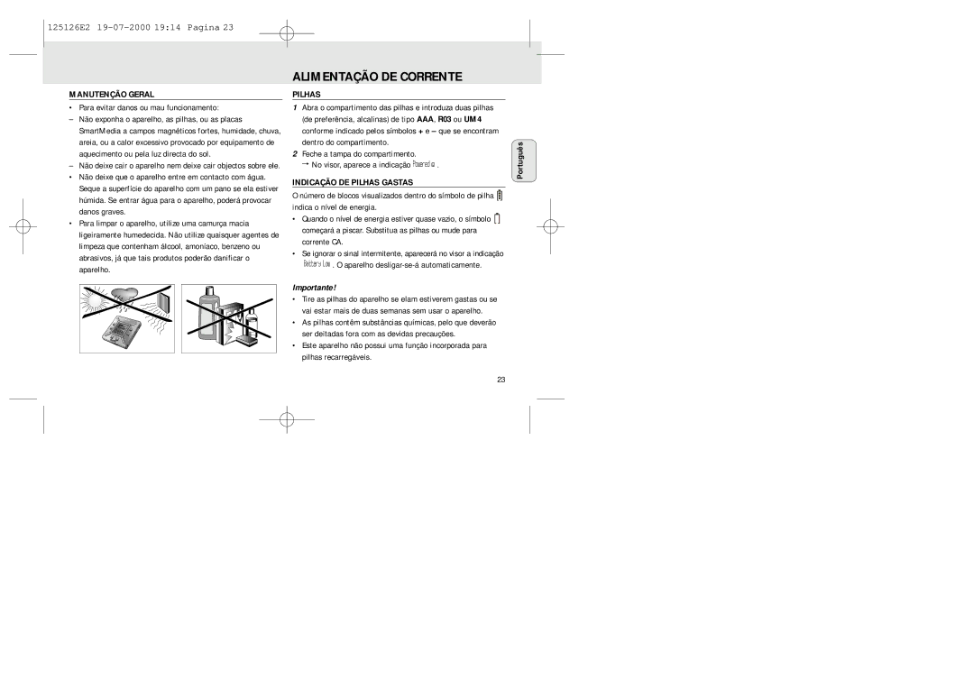 Philips SA 125, SA 126 manual Alimentação DE Corrente, Manutenção Geral, Indicação DE Pilhas Gastas, Importante 