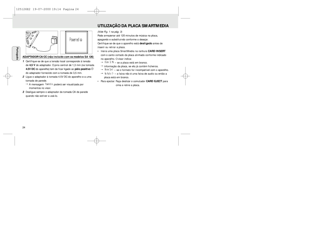 Philips SA 126, SA 125 manual Utilização DA Placa Smartmedia, Vide na pág, Adaptador CA/CC não incluído com os modelos SA 