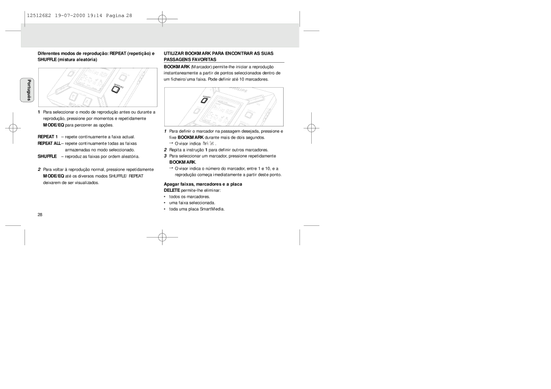 Philips SA 126, SA 125 manual Shuffle reproduz as faixas por ordem aleatória, Bookmark, Apagar faixas, marcadores e a placa 