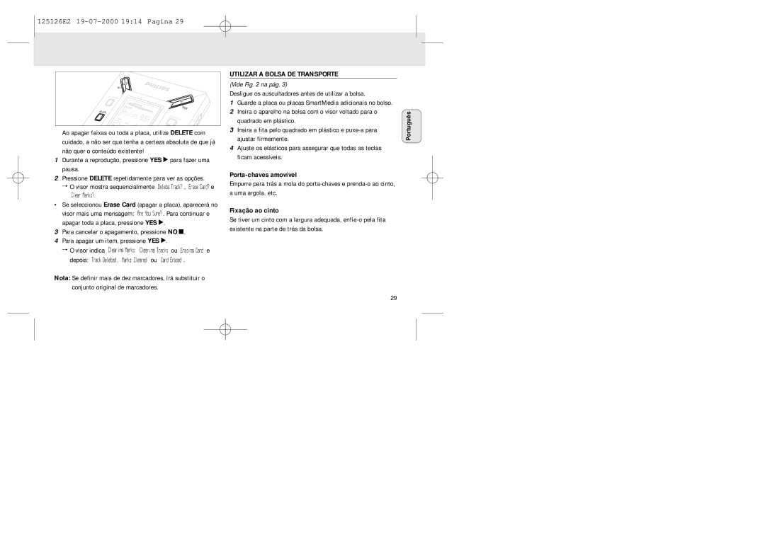 Philips SA 125, SA 126 manual Utilizar a Bolsa DE Transporte, Porta-chaves amovível, Fixação ao cinto 