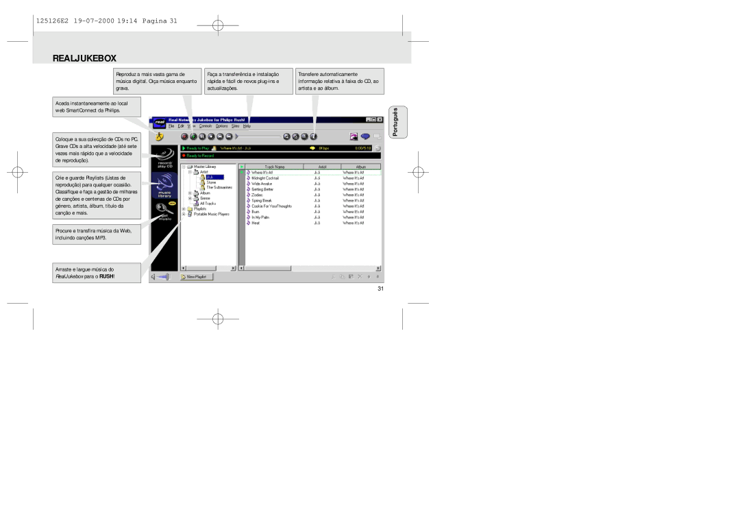 Philips SA 125, SA 126 manual Realjukebox, RealJukebox para o Rush 