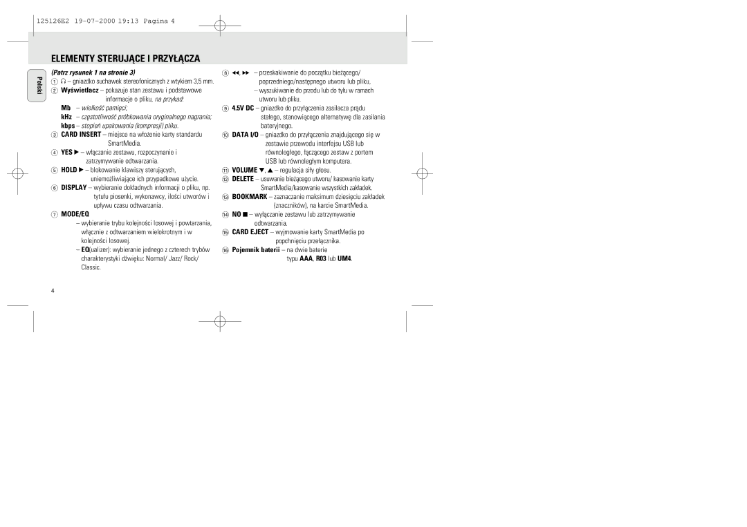 Philips SA 126, SA 125 manual Patrz rysunek 1 na stronie, Mode/Eq, Pojemnik baterii na dwie baterie 
