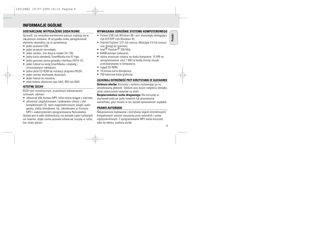 Philips SA 125, SA 126 manual Dostarczane WYPOSA¯ENIE Dodatkowe, Istotne Cechy, Prawo Autorskie 