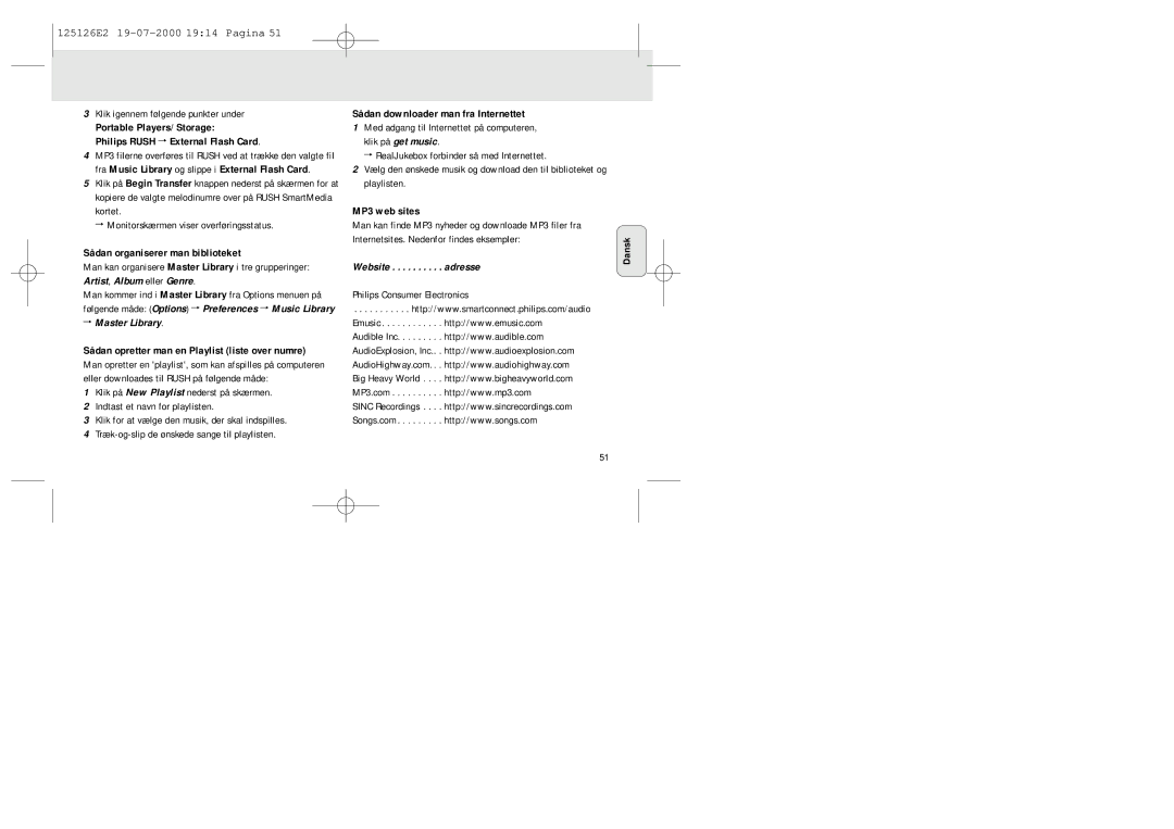 Philips SA 125, SA 126 manual Artist, Album eller Genre, Master Library, Website . . . . . . . . . . adresse 