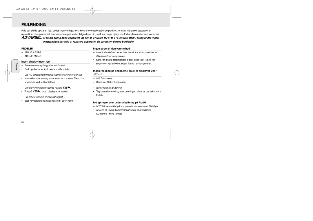 Philips SA 126, SA 125 manual Fejlfinding, Ingen display/ingen lyd, Ingen strøm til den ydre enhed 