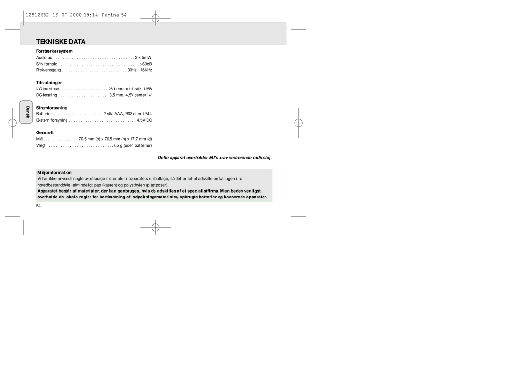 Philips SA 126, SA 125 manual Tekniske Data, Dette apparat overholder EUs krav vedrørende radiostøj 