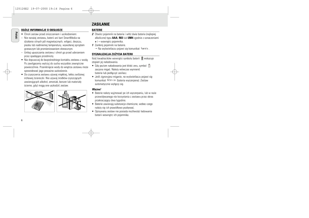 Philips SA 126, SA 125 manual Ogóle Informacje O OBS£UDZE, Baterie, Sygnalizacja ZU¯YCIA Baterii, Wa¿ne 