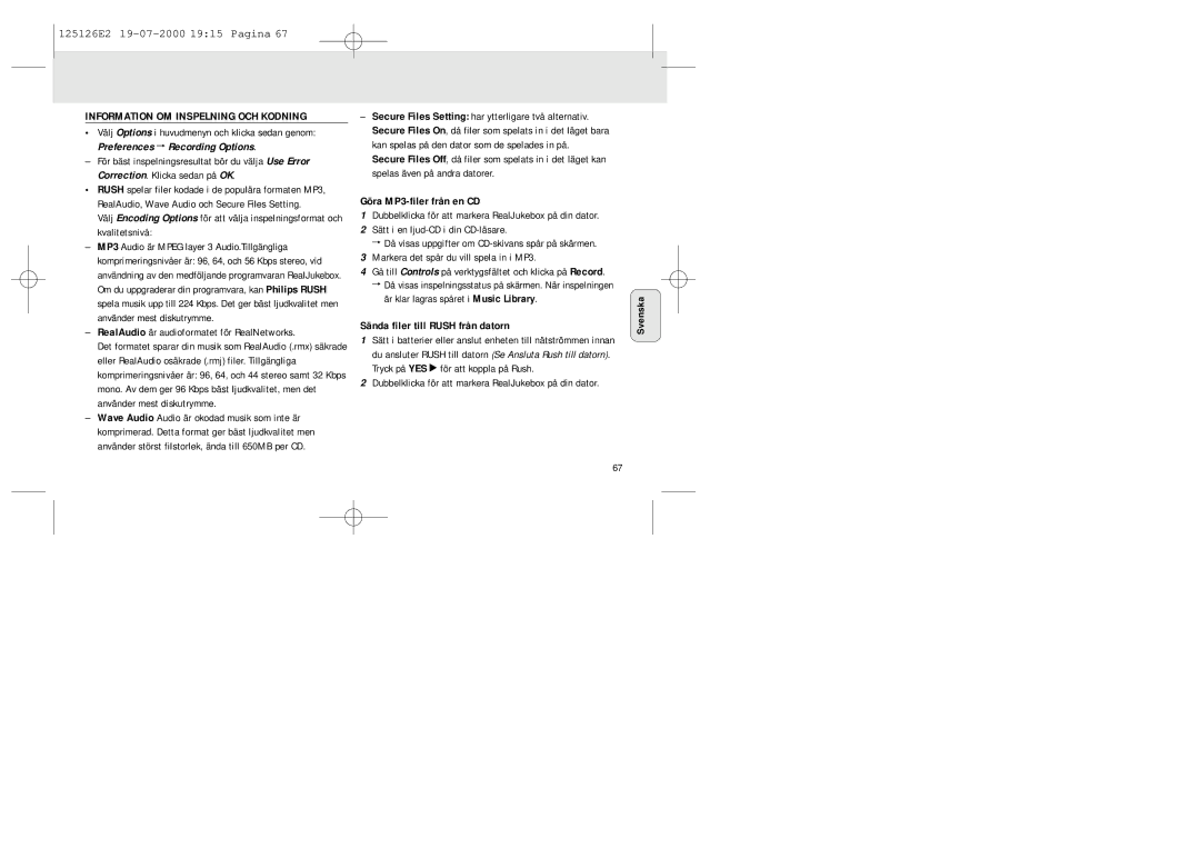 Philips SA 125, SA 126 Information OM Inspelning OCH Kodning, Göra MP3-filer från en CD, Sända filer till Rush från datorn 