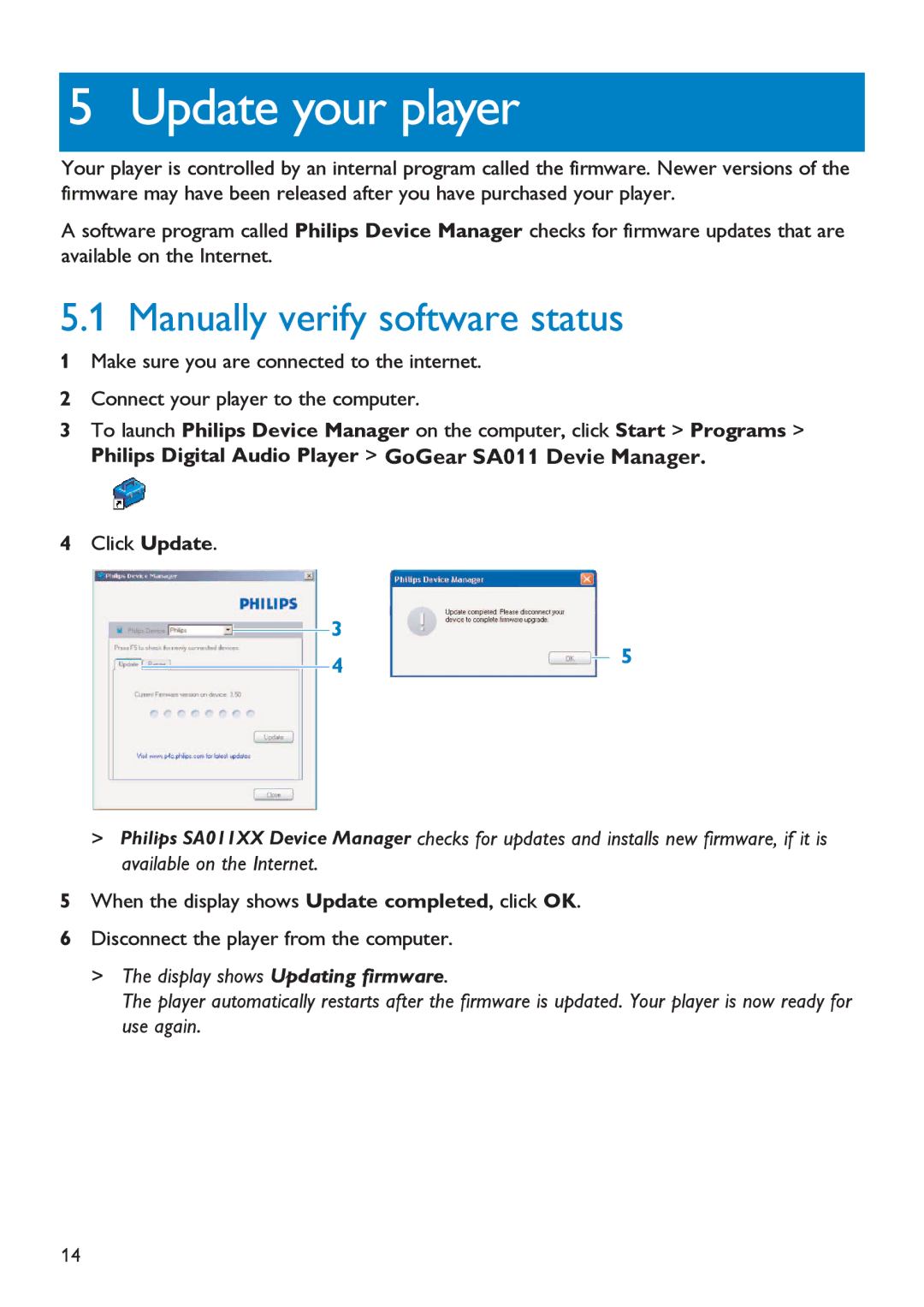 Philips SA011102S, SA011104S, SA011108S manual GoGear SA011 Devie Manager 