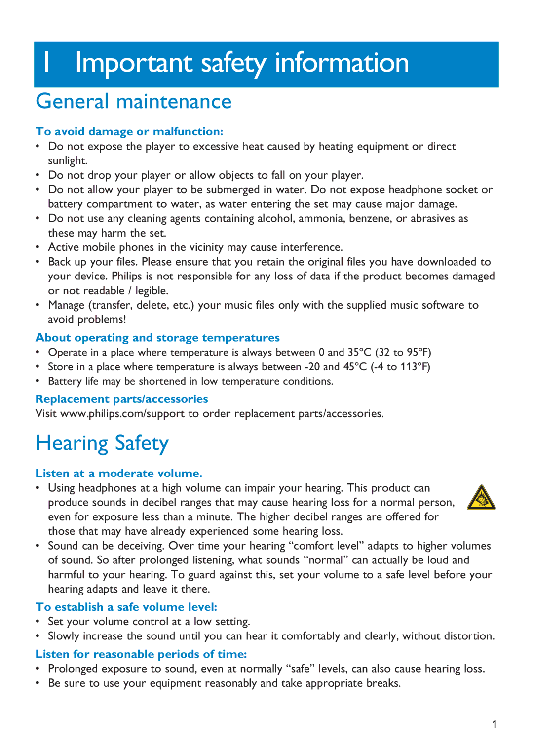 Philips SA011108S, SA011104S, SA011102S manual Important safety information, General maintenance, Hearing Safety 