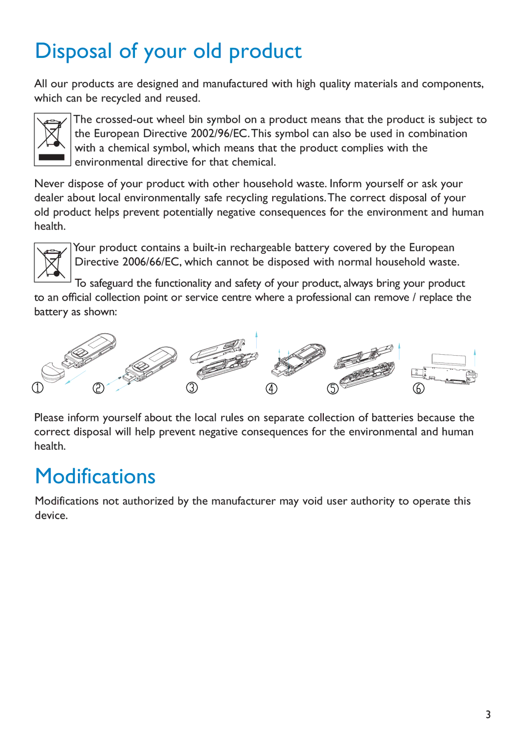 Philips SA011104S, SA011108S, SA011102S manual Disposal of your old product, Modifications 