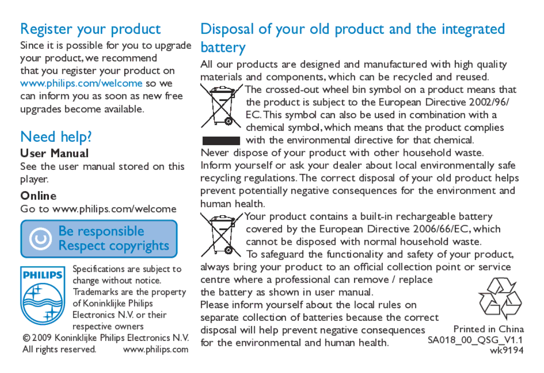 Philips SA018 quick start Register your product, Need help?, Disposal of your old product and the integrated battery 