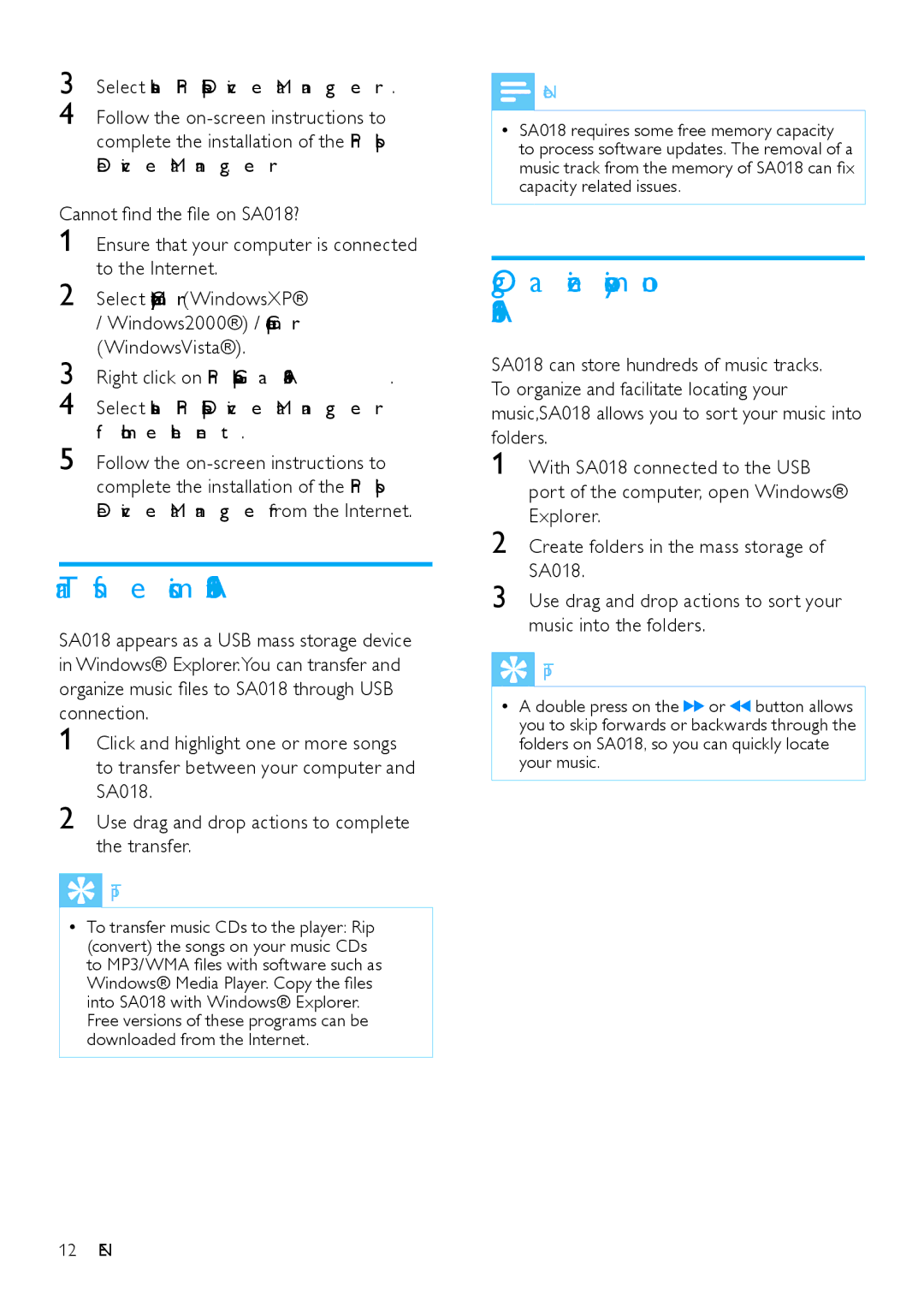 Philips SA018104, SA018102 user manual Transfer music to SA018, Organize your music on SA018, WindowsVista 