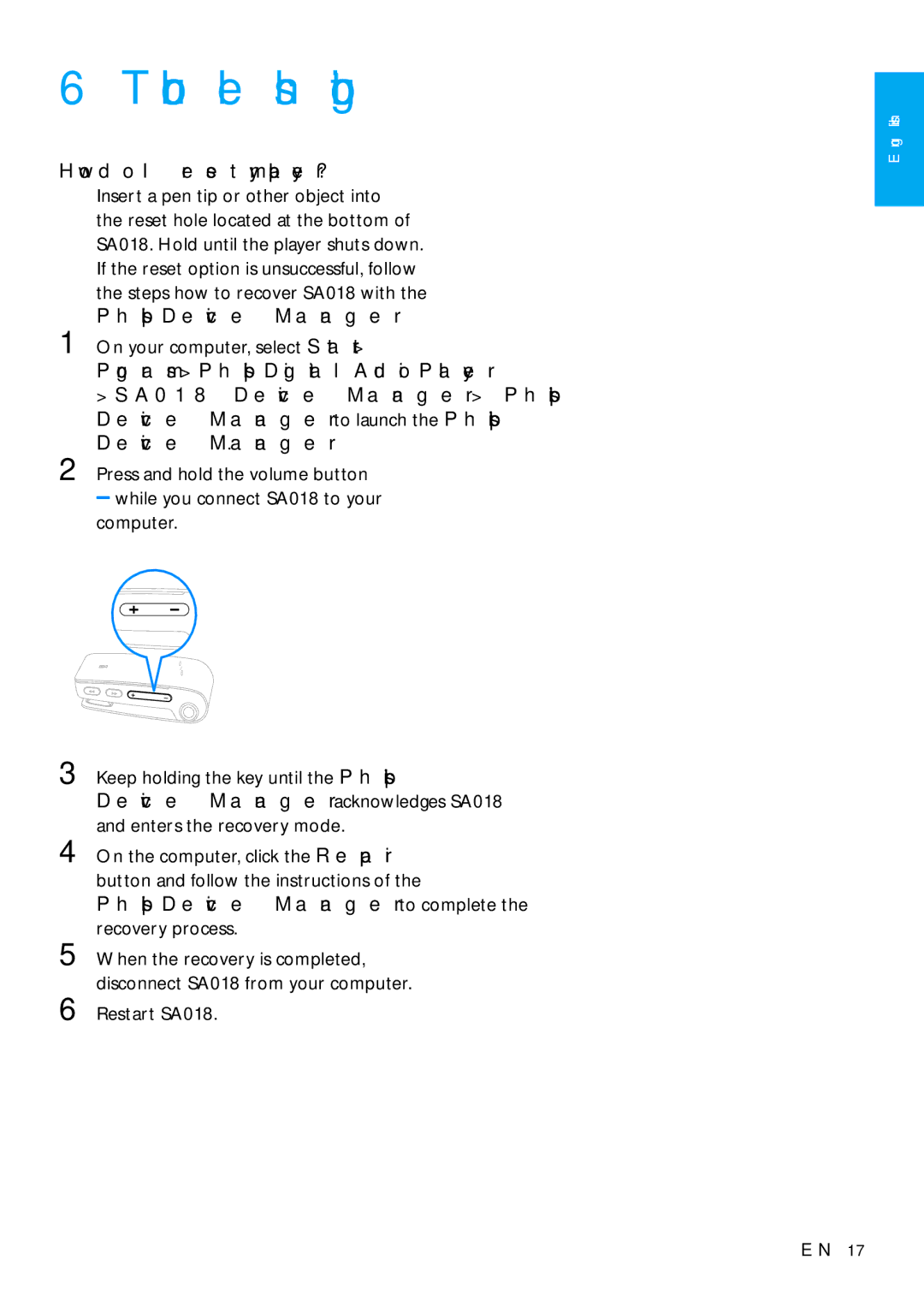 Philips SA018102, SA018104 user manual Troubleshooting, How do I reset my player?, Computer, Restart SA018 