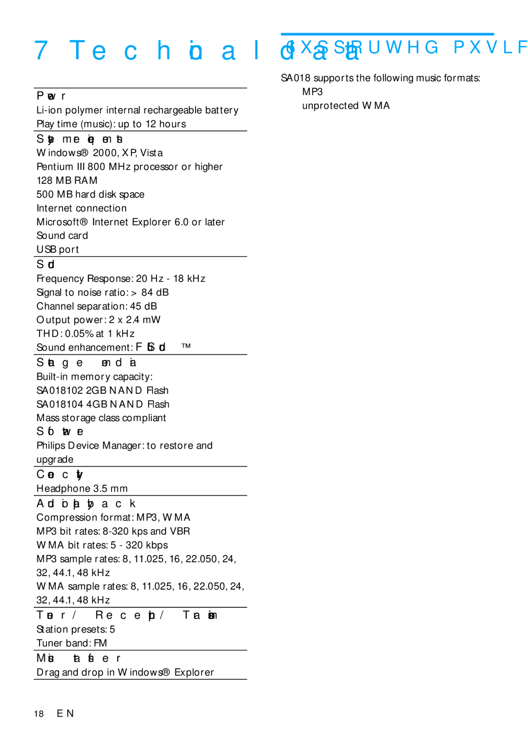 Philips SA018104 Technical data, Supported music file formats, Power, Pentium III 800 MHz processor or higher 128 MB RAM 