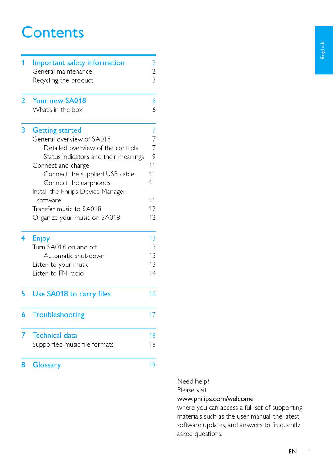 Philips SA018102, SA018104 user manual Contents 