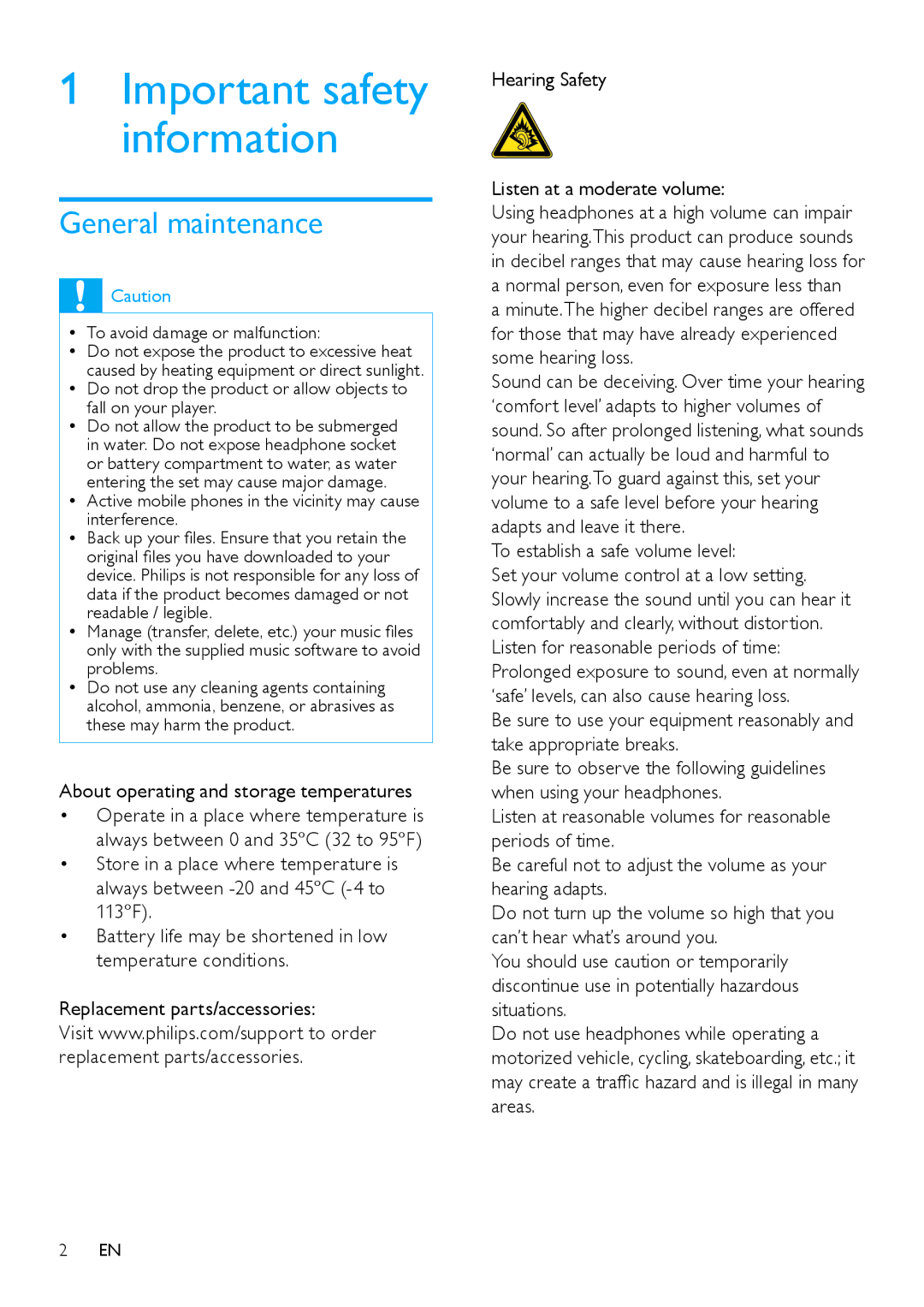 Philips SA018104, SA018102 General maintenance, About operating and storage temperatures, To establish a safe volume level 