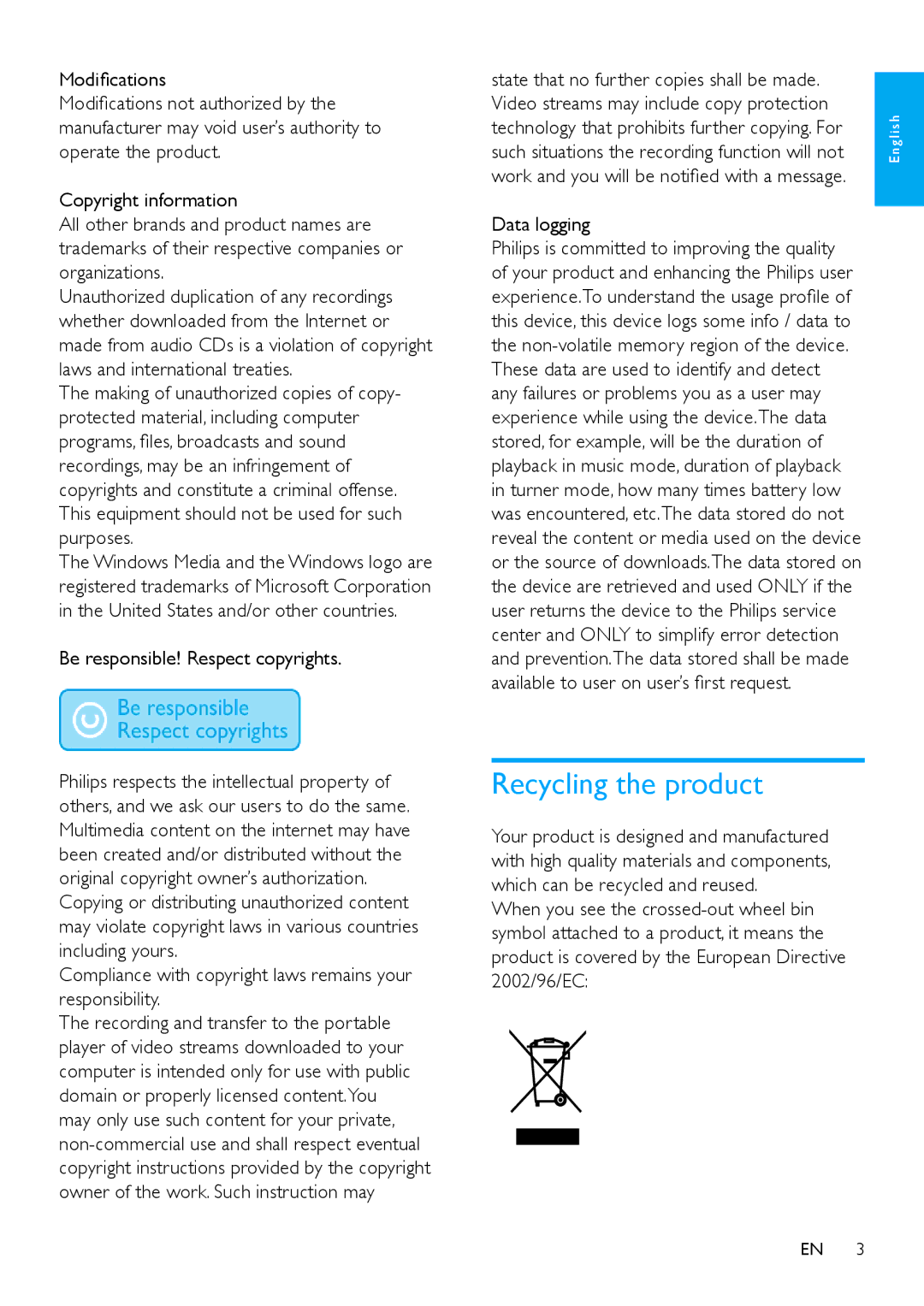 Philips SA018102, SA018104 user manual Recycling the product 