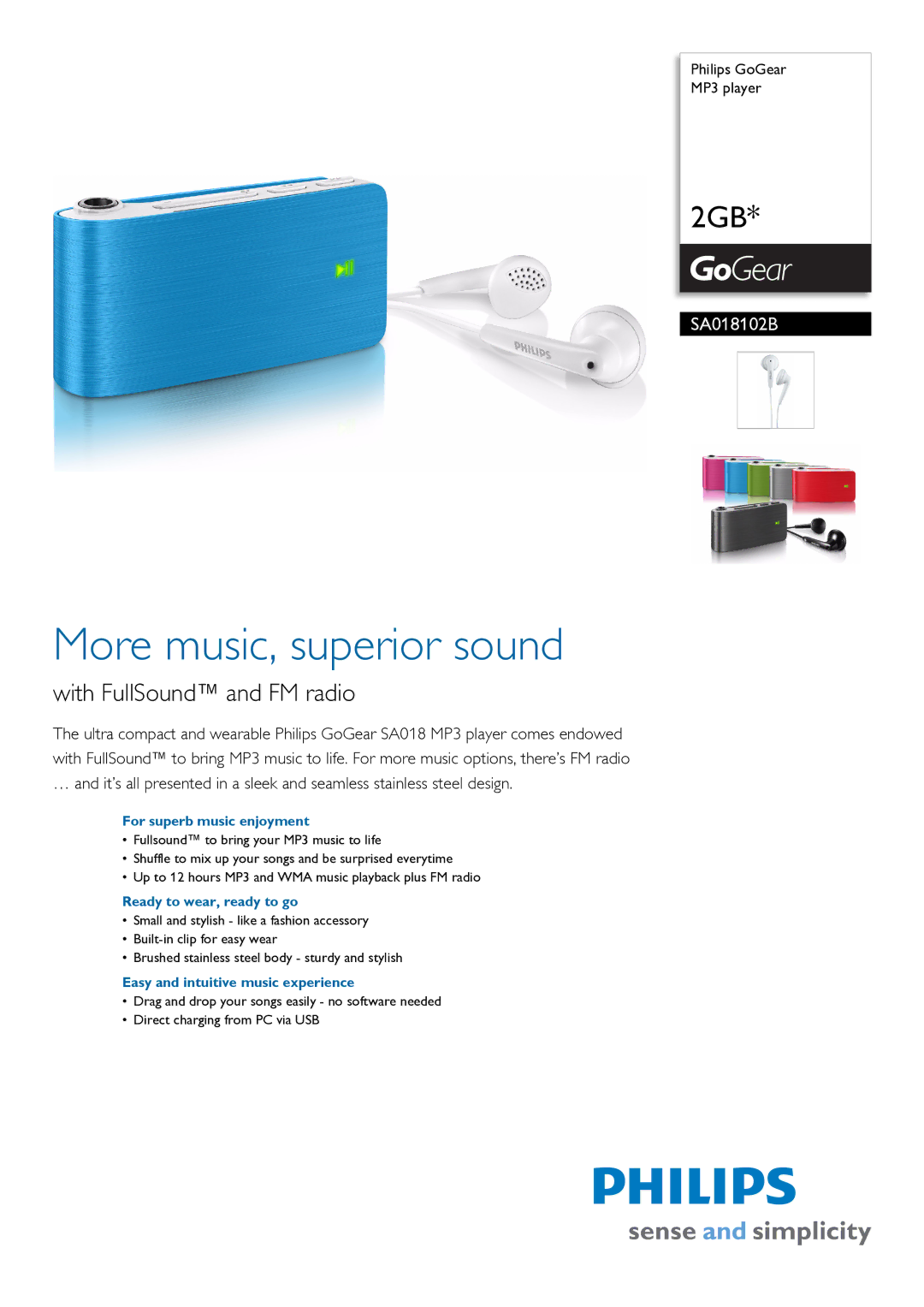 Philips SA018102B/97 manual For superb music enjoyment, Ready to wear, ready to go, Easy and intuitive music experience 