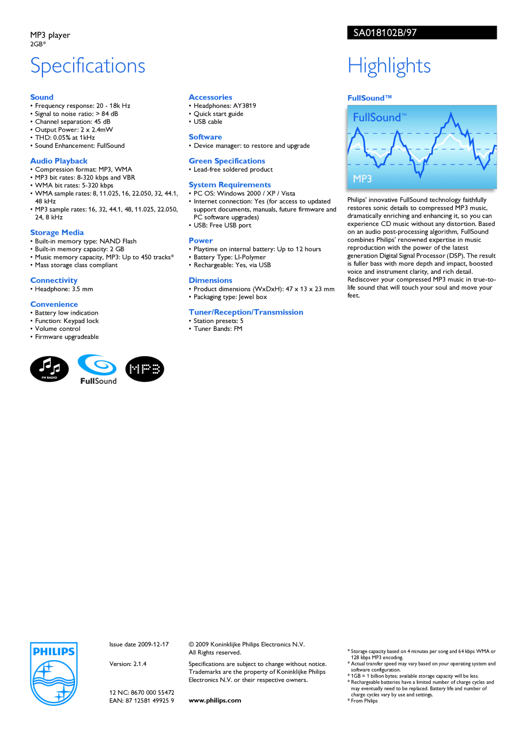 Philips SA018102B/97 manual Specifications, Highlights 