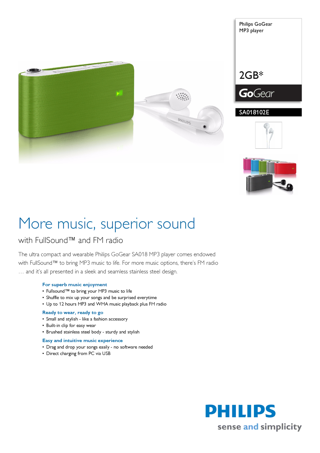 Philips SA018102E/97 manual For superb music enjoyment, Ready to wear, ready to go, Easy and intuitive music experience 