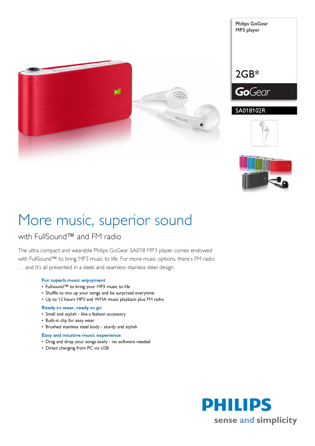 Philips SA018102R/97 manual For superb music enjoyment, Ready to wear, ready to go, Easy and intuitive music experience 