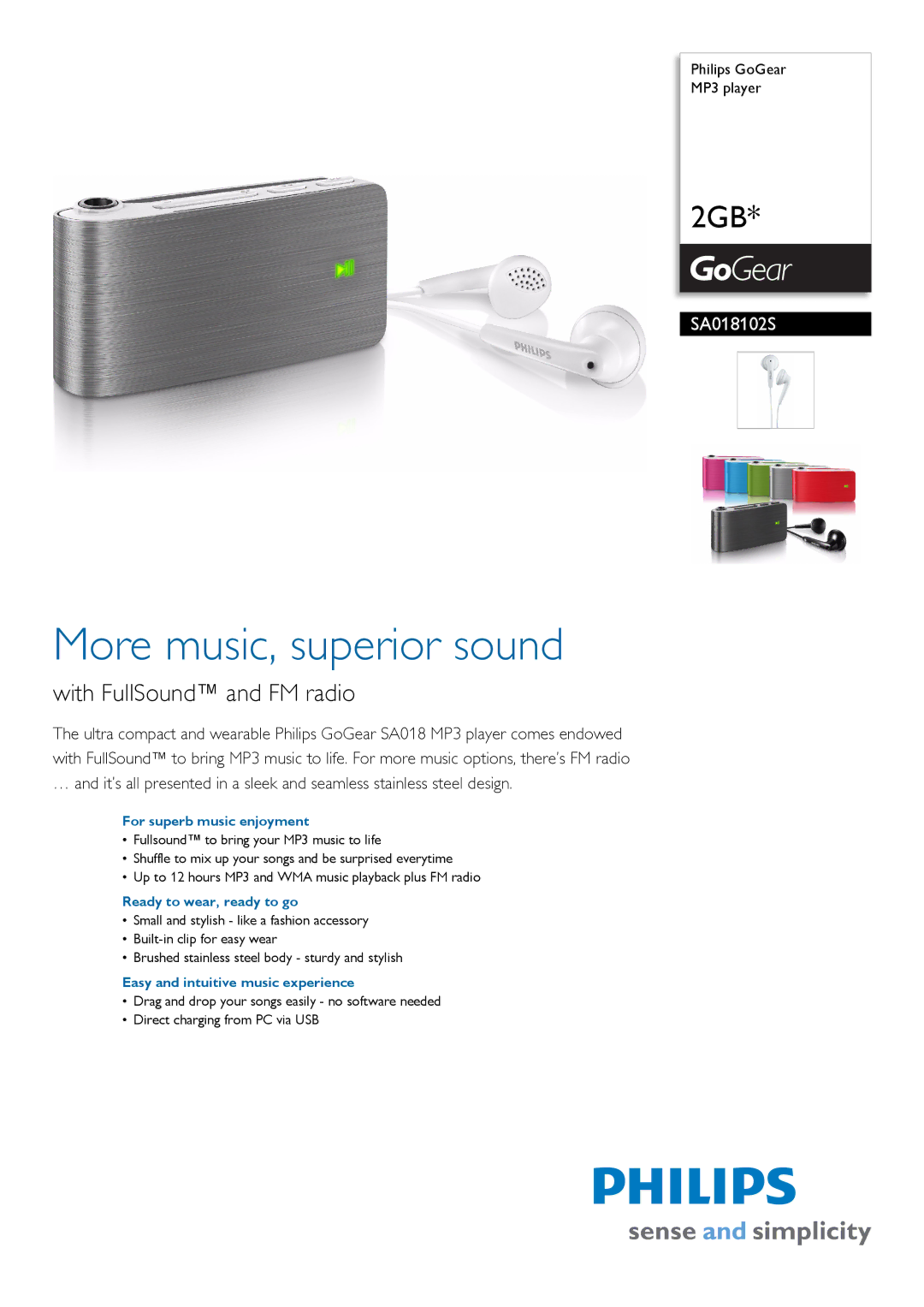 Philips SA018102S/97 manual For superb music enjoyment, Ready to wear, ready to go, Easy and intuitive music experience 