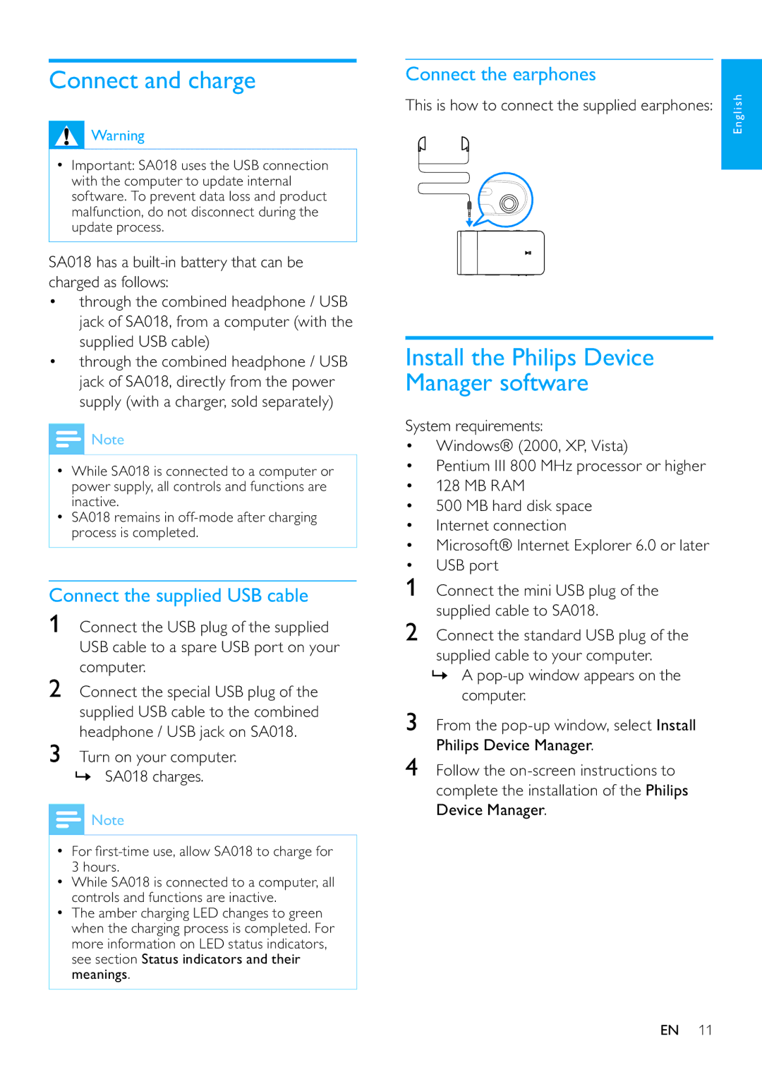 Philips SA018304, SA018302 Connect and charge, Install the Philips Device Manager software, Connect the supplied USB cable 