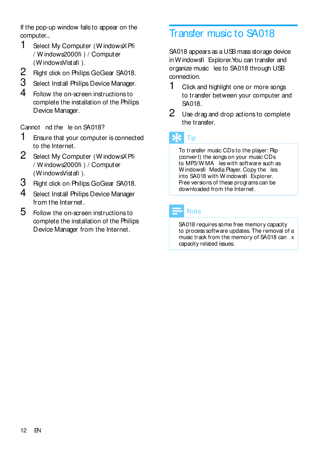 Philips SA018302, SA018304 user manual Transfer music to SA018, Tip 