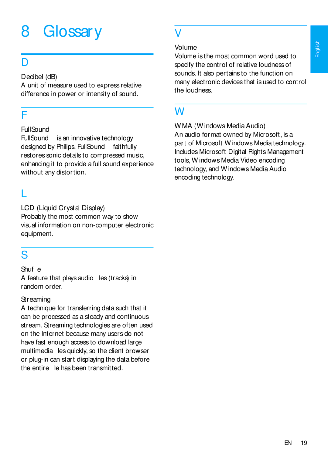 Philips SA018304, SA018302 user manual Glossary, Decibel dB 