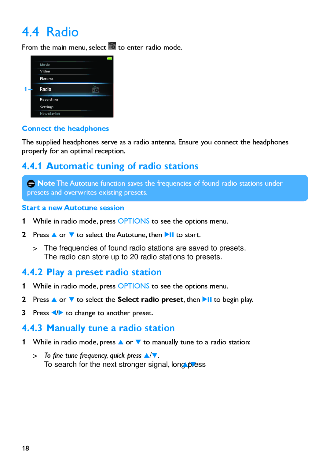 Philips SA054104K Radio, Automatic tuning of radio stations, Play a preset radio station, Manually tune a radio station 