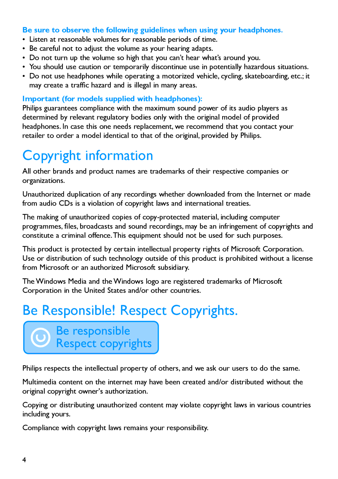 Philips SA054116K Copyright information, Be Responsible! Respect Copyrights, Important for models supplied with headphones 