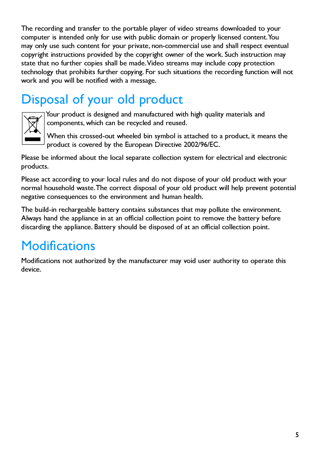 Philips SA054108K, SA054116K, SA054104K manual Disposal of your old product, Modifications 