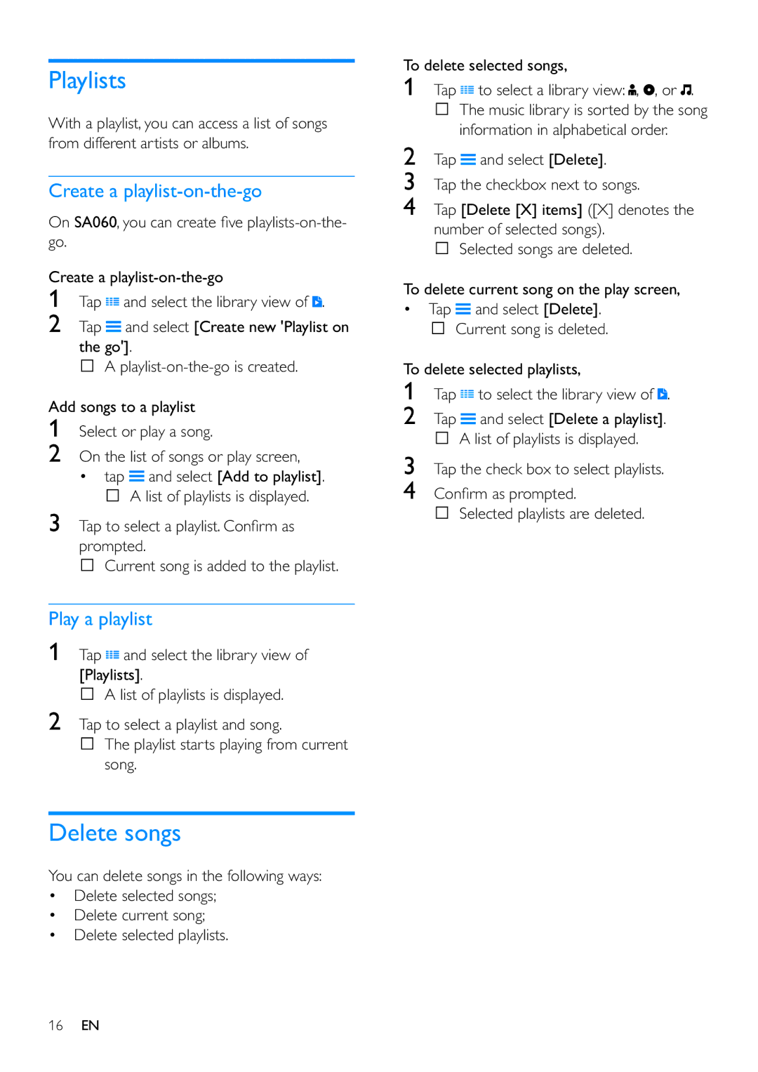 Philips SA060304, SA060308 user manual Playlists, Delete songs, Create a playlist-on-the-go, Play a playlist 