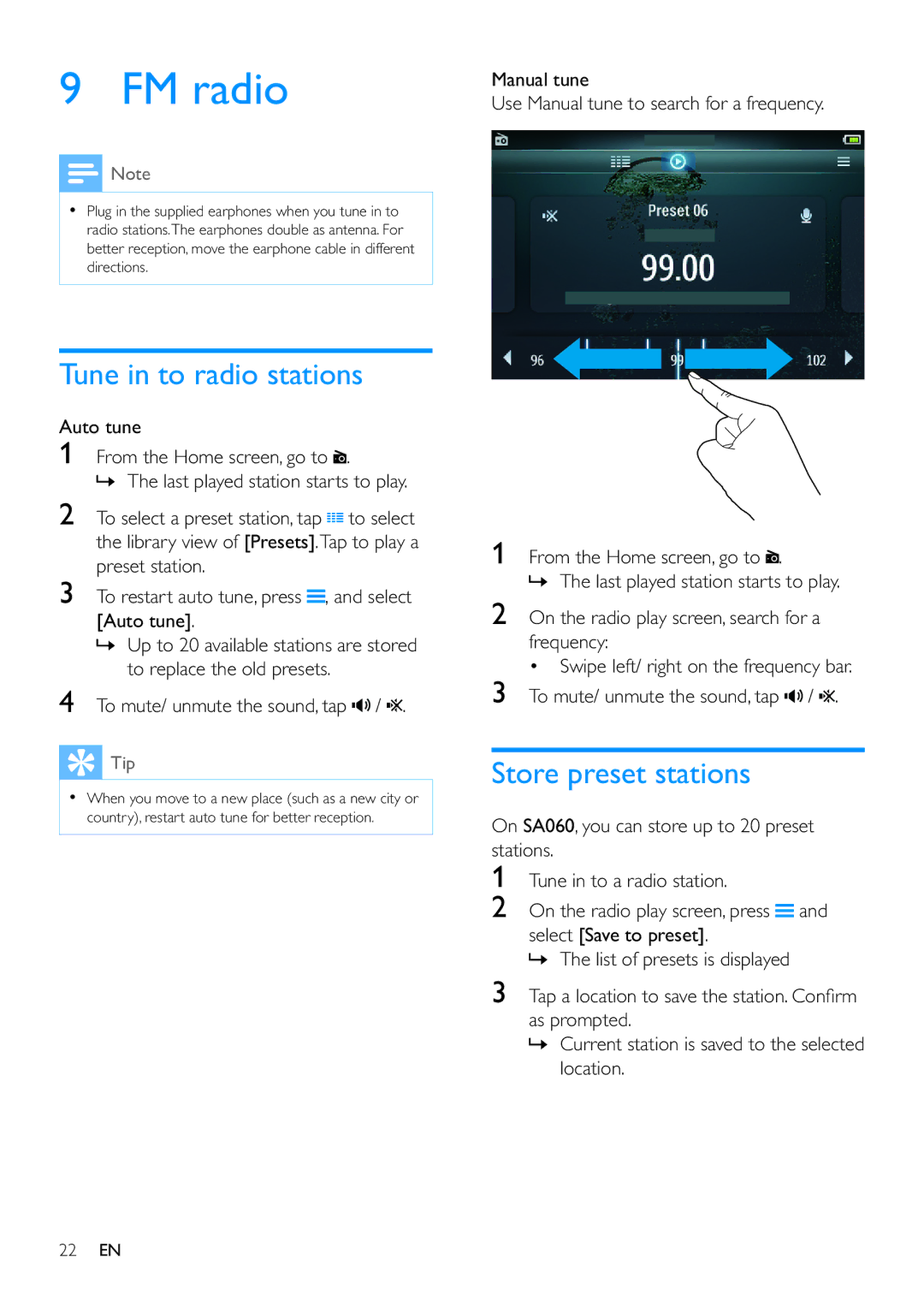 Philips SA060304, SA060308 user manual FM radio, Tune in to radio stations, Store preset stations 