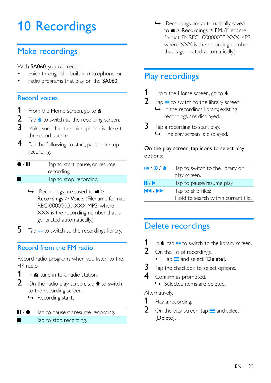 Philips SA060308, SA060304 user manual Recordings, Make recordings, Play recordings, Delete recordings 