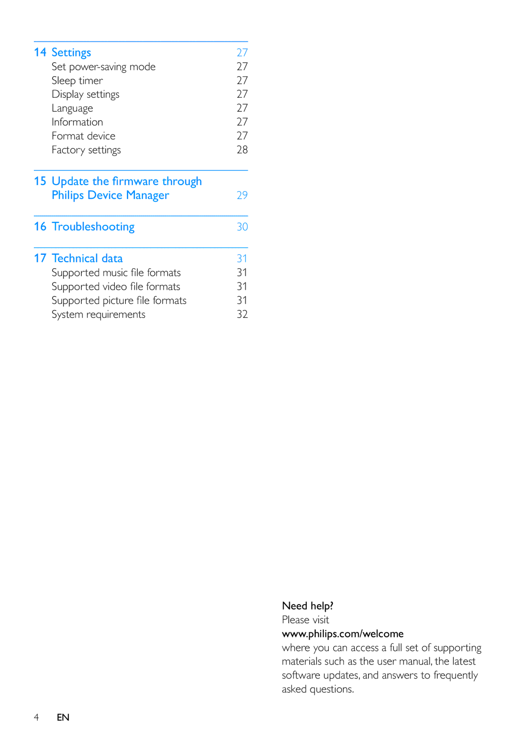 Philips SA060304, SA060308 user manual Settings, System requirements Need help? Please visit 