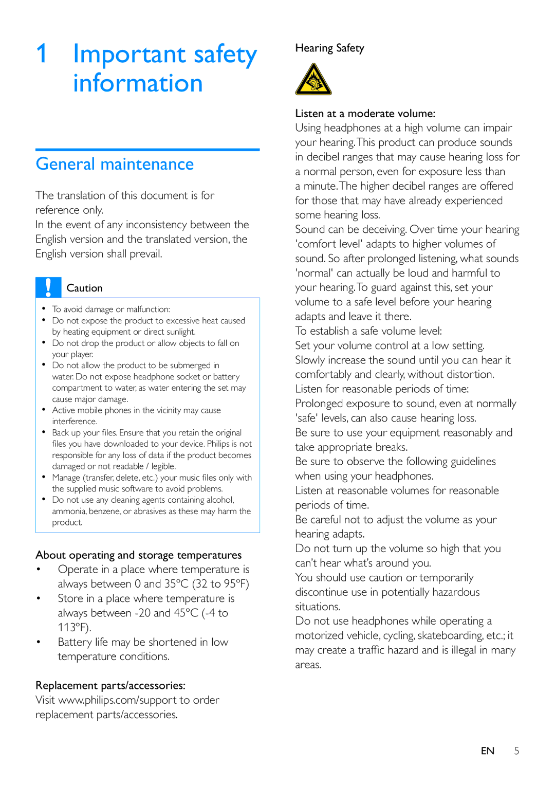 Philips SA060308 General maintenance, Translation of this document is for reference only, To establish a safe volume level 