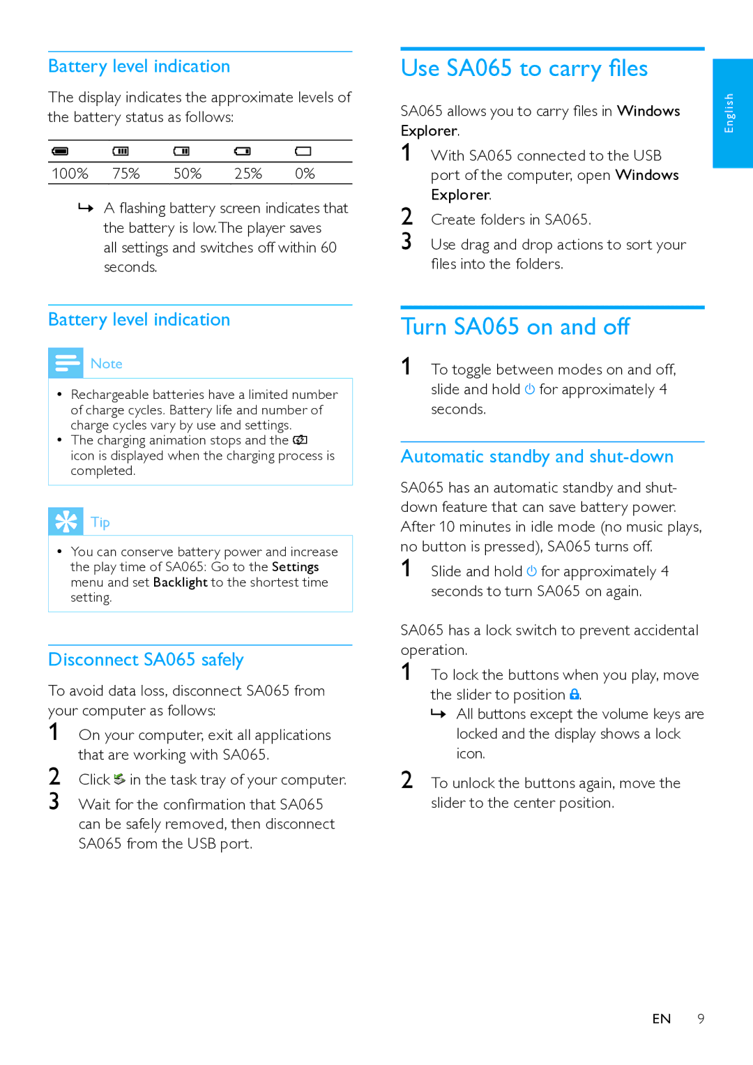 Philips SA065104, SA65108 Use SA065 to carry files, Turn SA065 on and off, All settings and switches off within 60 seconds 