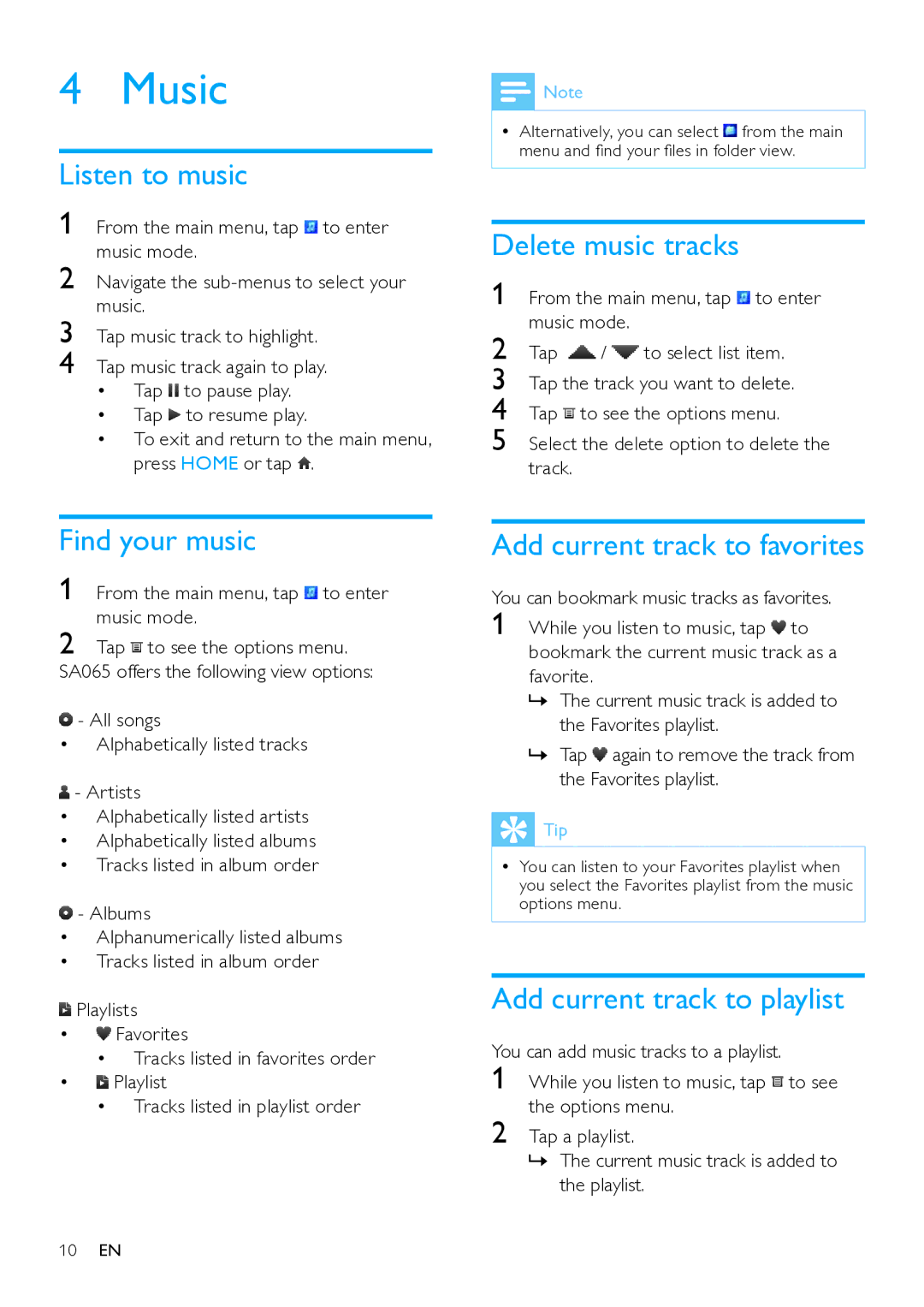 Philips SA65108, SA065104 user manual Music, Listen to music, Delete music tracks, Find your music 