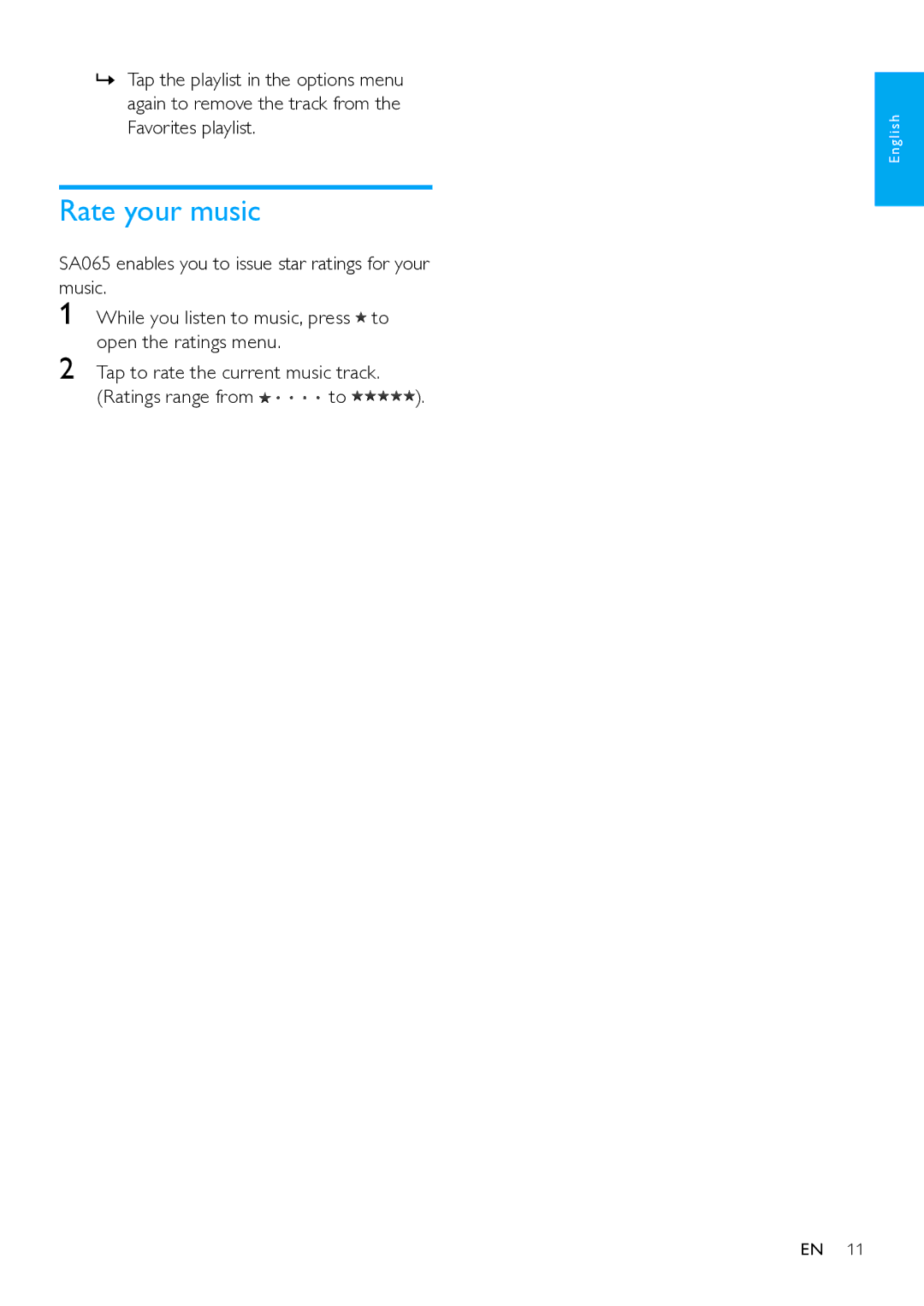 Philips SA065104, SA65108 user manual Rate your music, SA065 enables you to issue star ratings for your music 