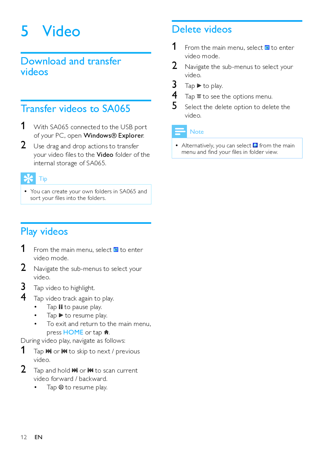 Philips SA65108, SA065104 Video, Download and transfer videos Transfer videos to SA065, Play videos, Delete videos 