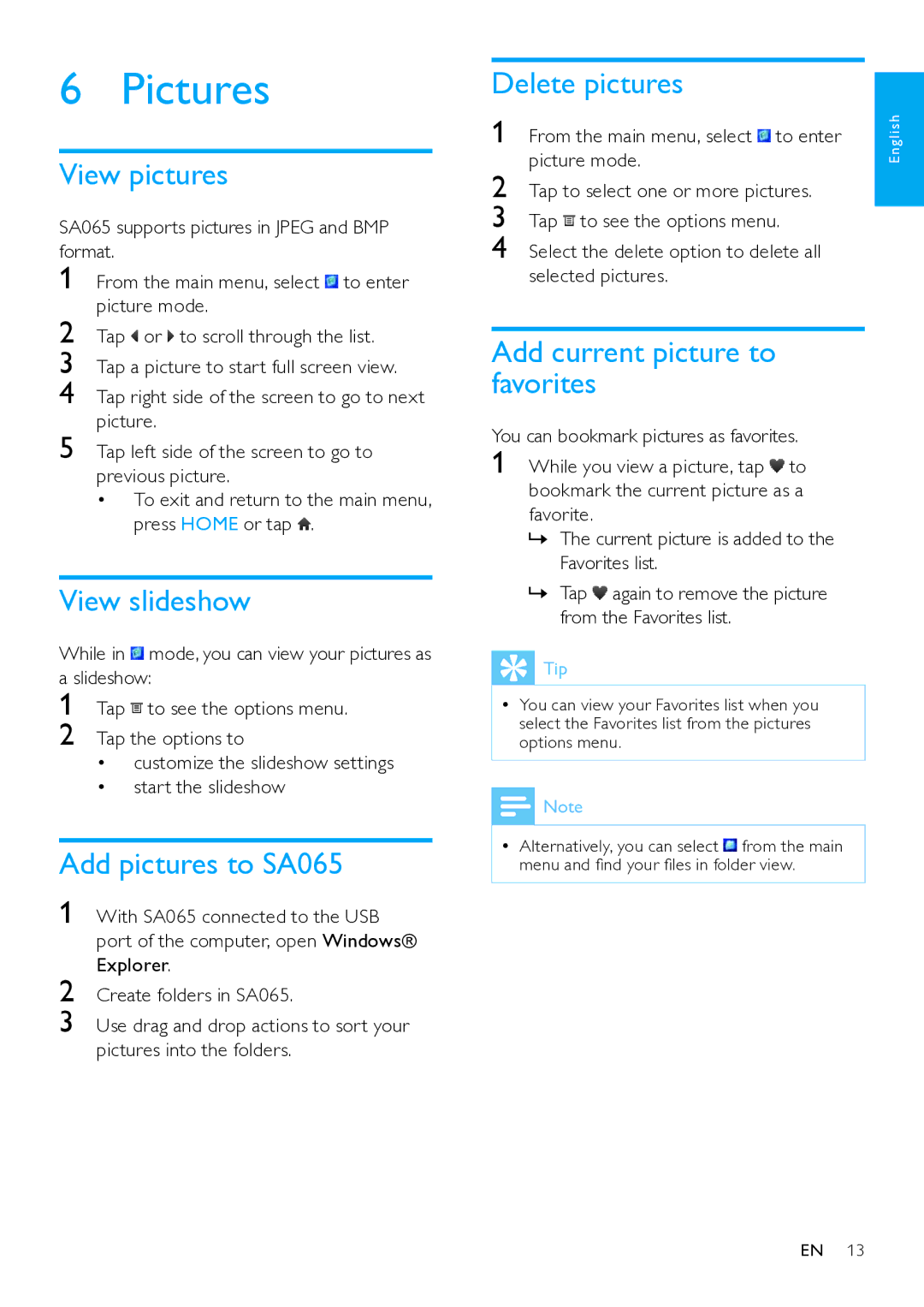 Philips SA065104, SA65108 user manual Pictures, View pictures, View slideshow, Add pictures to SA065, Delete pictures 