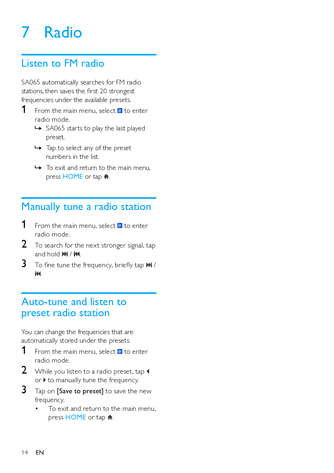 Philips SA65108, SA065104 user manual Manually tune a radio station, Auto-tune and listen to preset radio station 