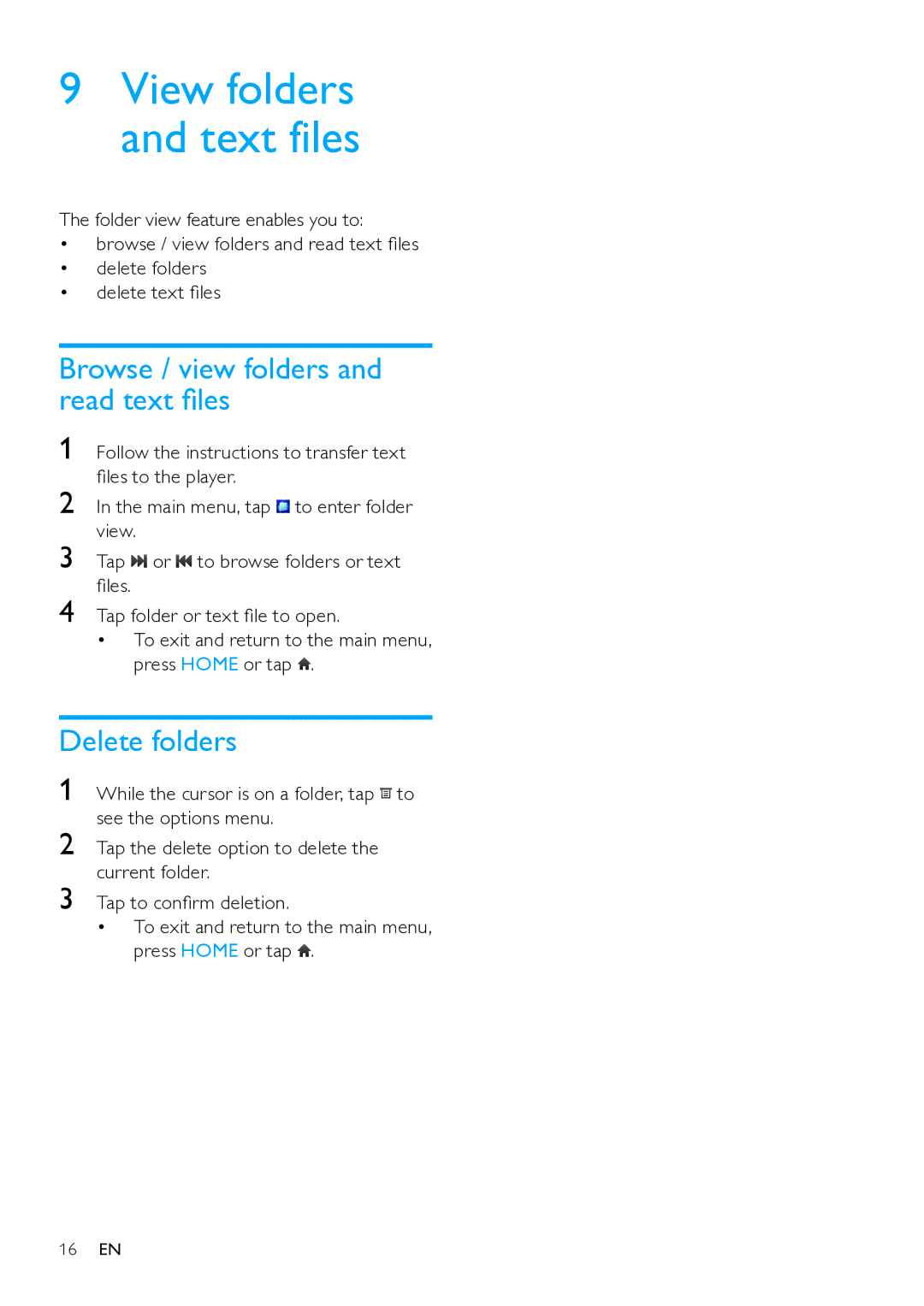 Philips SA65108, SA065104 user manual View folders and text files, Browse / view folders and read text files, Delete folders 