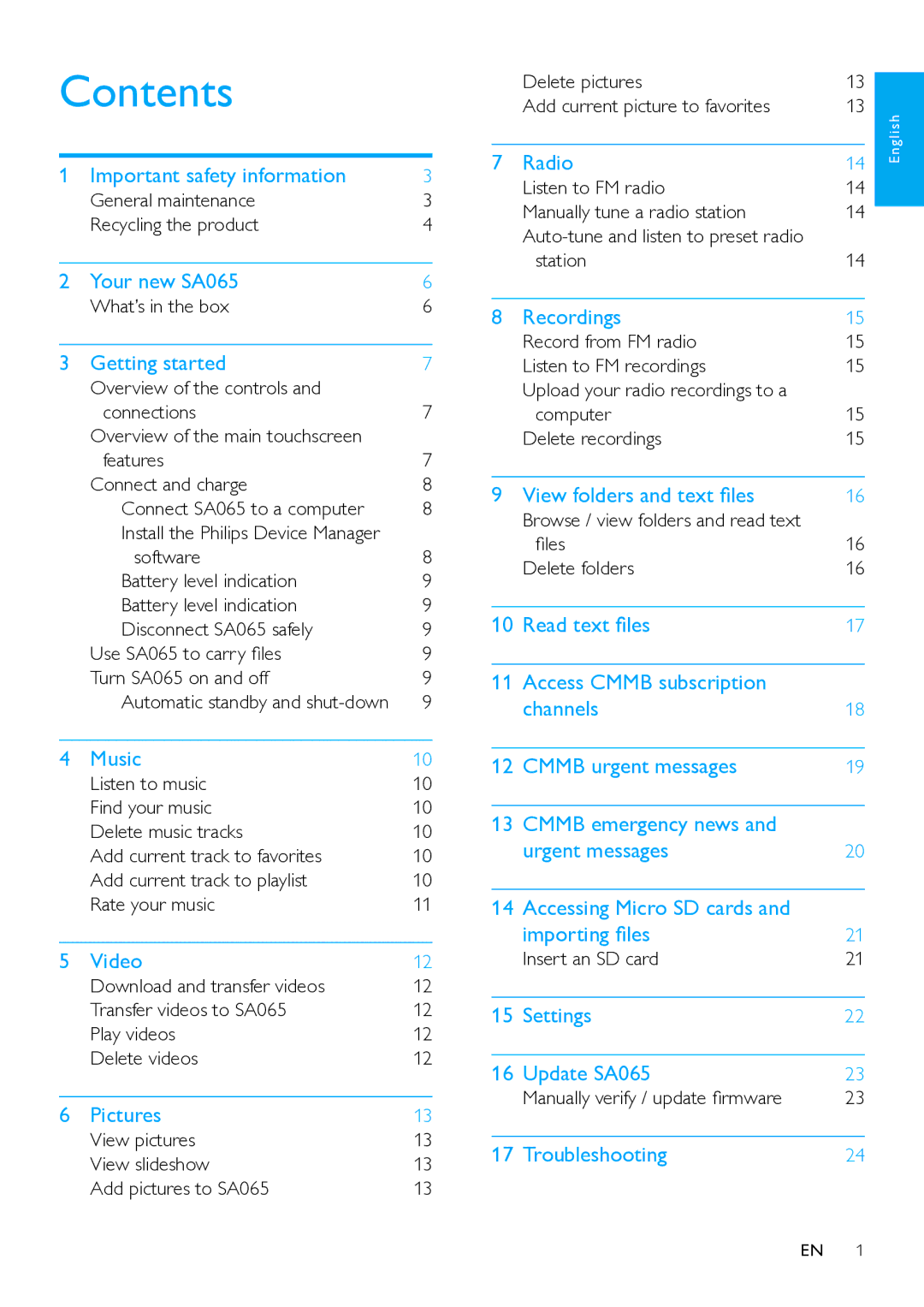 Philips SA065104, SA65108 user manual Contents 