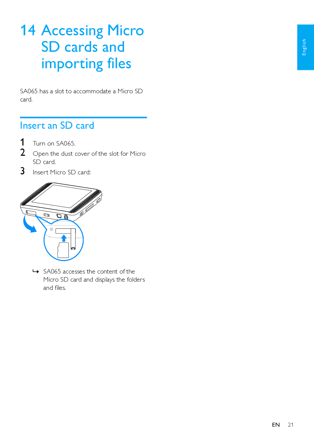 Philips SA065104, SA65108 user manual Accessing Micro SD cards and importing files, Insert an SD card 